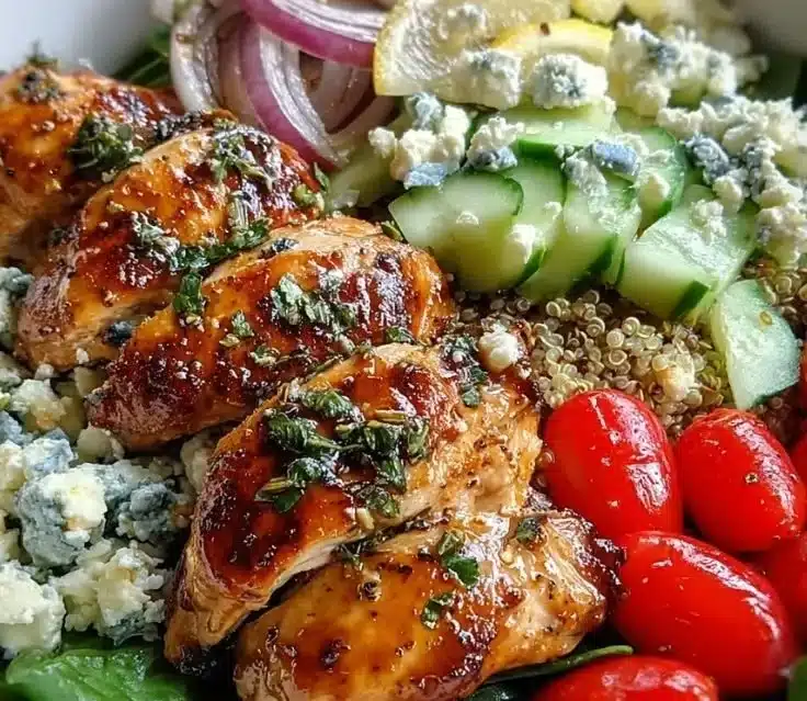 Lemon Herb Grilled Chicken Quinoa Bowl topped with fresh herbs and lemon slices