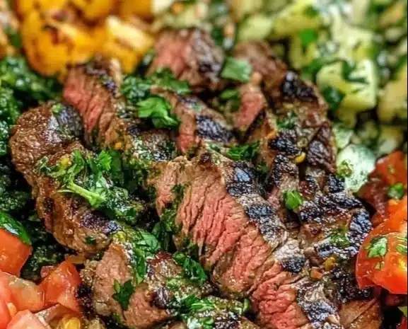 Mediterranean steak bowl topped with fresh vegetables and herbs