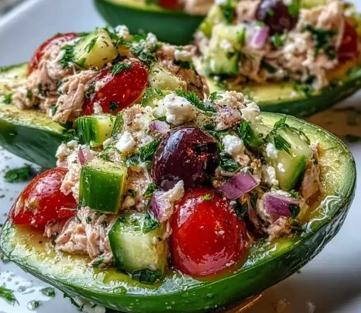 Mediterranean Tuna Salad Stuffed Avocados