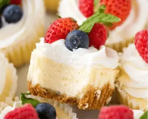 Delicious mini cheesecakes arranged on a platter for dessert.