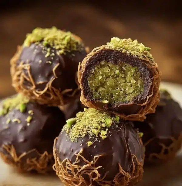 No-Bake Dubai Chocolate Balls 3 Delicious no-bake Dubai chocolate balls with a rich cocoa coating