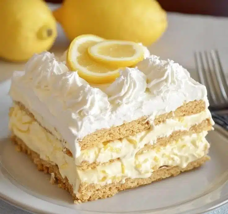 No-Bake Lemon Éclair Cake 3 Delicious no-bake lemon éclair cake garnished with lemon slices