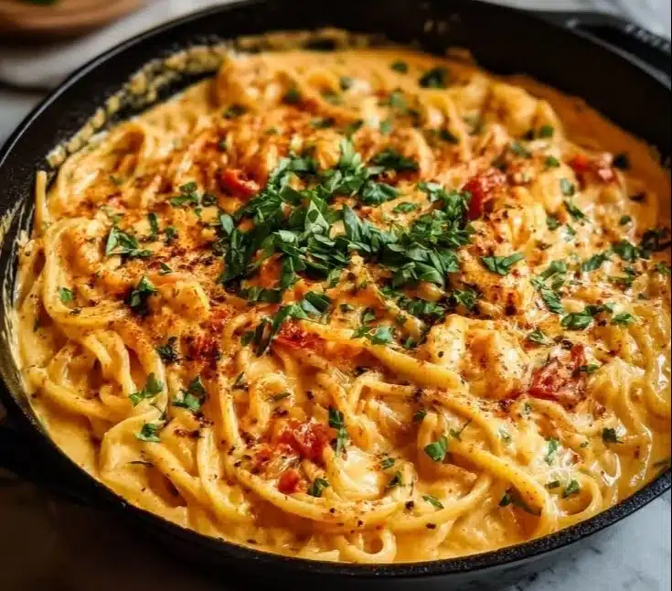 One Pan Creamy Tomato Pasta 3 One Pan Creamy Tomato Pasta served in a bowl with fresh basil and parmesan cheese