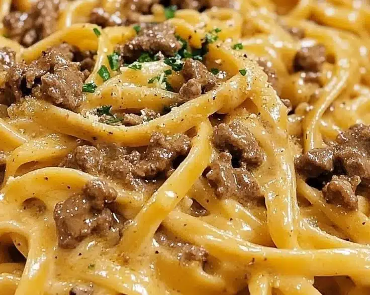 One-pot creamy beef and garlic butter pasta served in a bowl