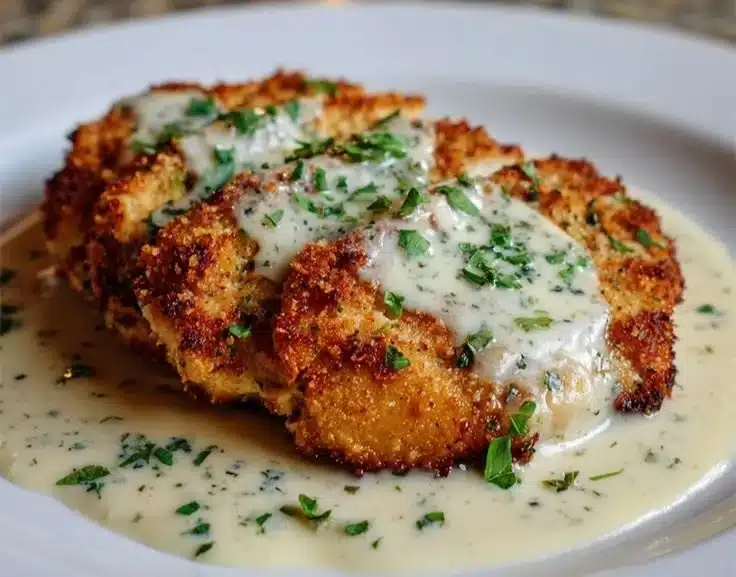 Parmesan Crusted Chicken topped with creamy garlic sauce on a plate.