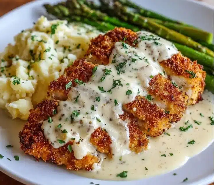 Parmesan Crusted Chicken with Creamy Garlic Sauce – Easy Family Dinner Recipe