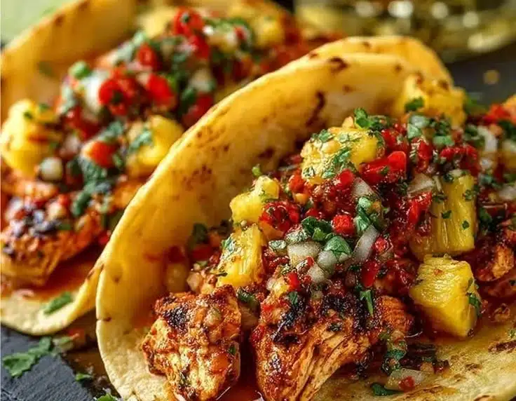 Delicious pineapple chicken tacos topped with fresh ingredients
