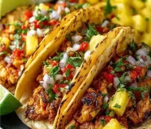 Pineapple Chicken Tacos served with fresh toppings and vibrant colors.