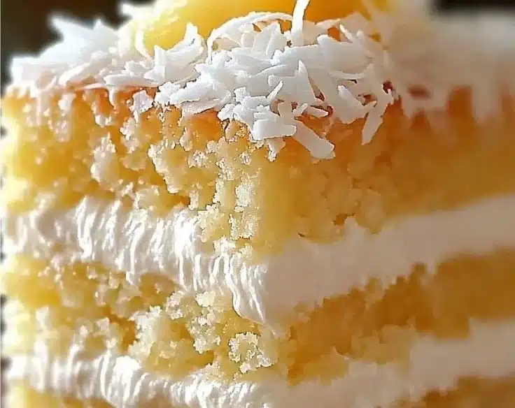 Pineapple Coconut Dream Cake with tropical decorations and slices