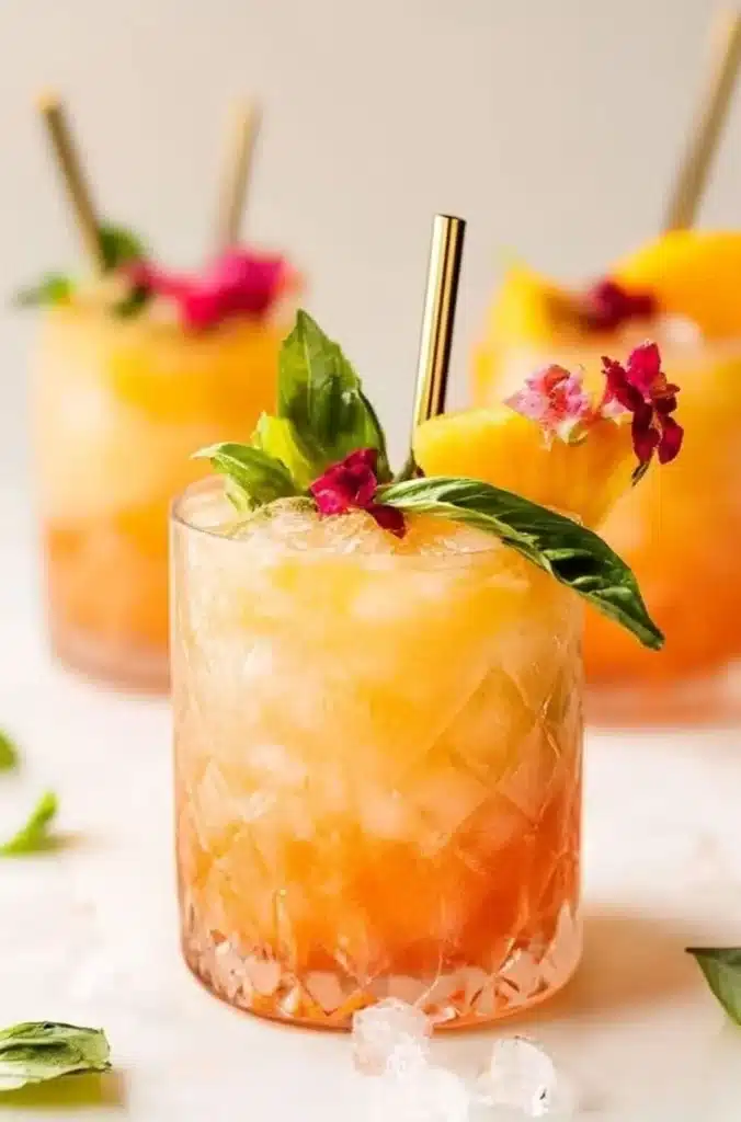 Pineapple Mango Rum Punch in a glass with tropical fruits.