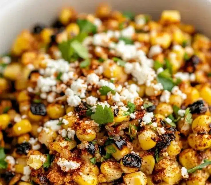 Delicious Blackstone Mexican street corn topped with cheese and spices