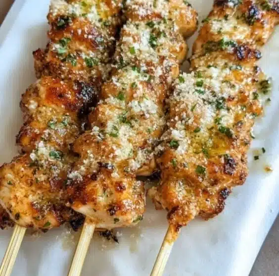 Ranch Garlic Parmesan Chicken Skewers on a grill plate.