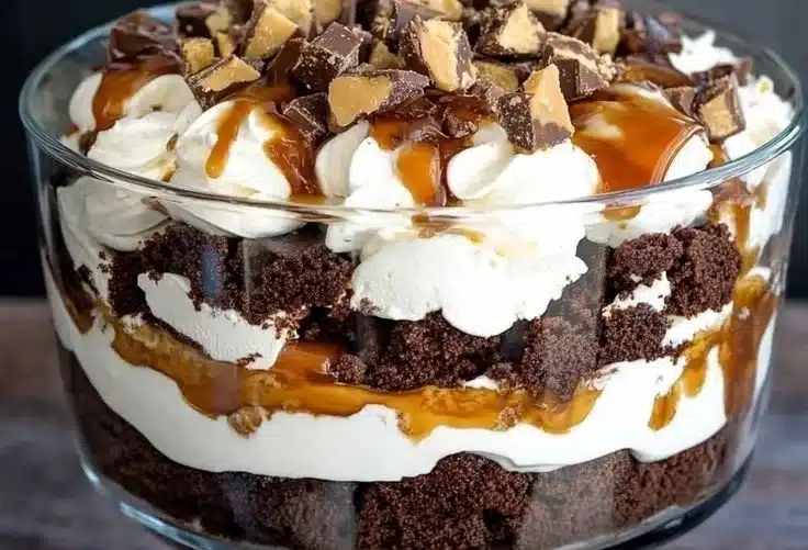 A delicious bowl of Heaven Trifle, featuring layers of cream, fruit, and cake.
