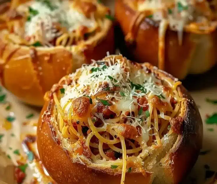 Delicious spaghetti garlic bread bowls topped with fresh herbs and cheese.
