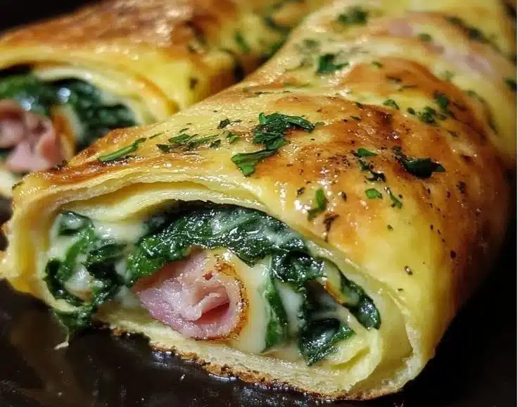 Freshly baked spinach ham breakfast rolls ready to serve.