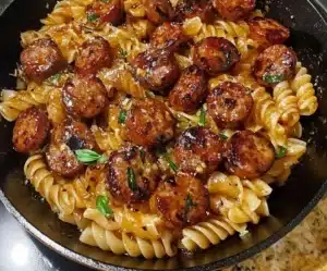 Sticky Honey Garlic Sausage Pasta Skillet served with herbs and Parmesan cheese