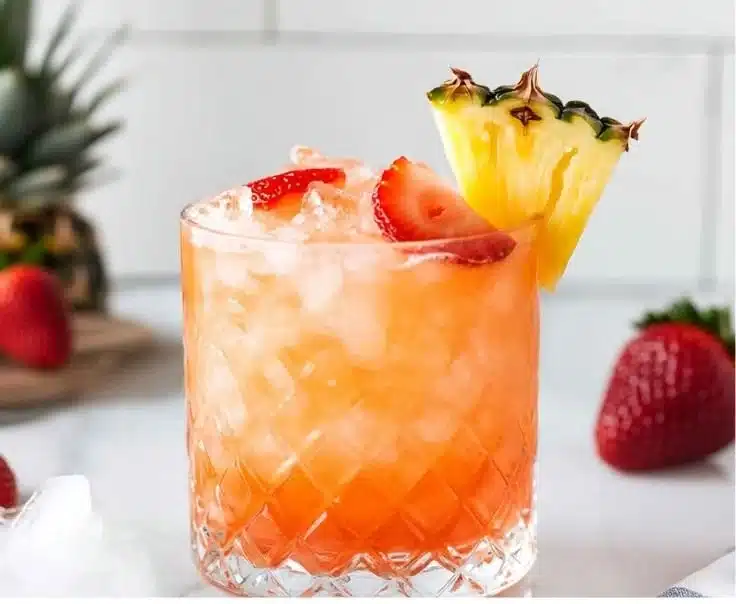 Glass of Strawberry Coconut Rum Punch garnished with fresh strawberries and coconut