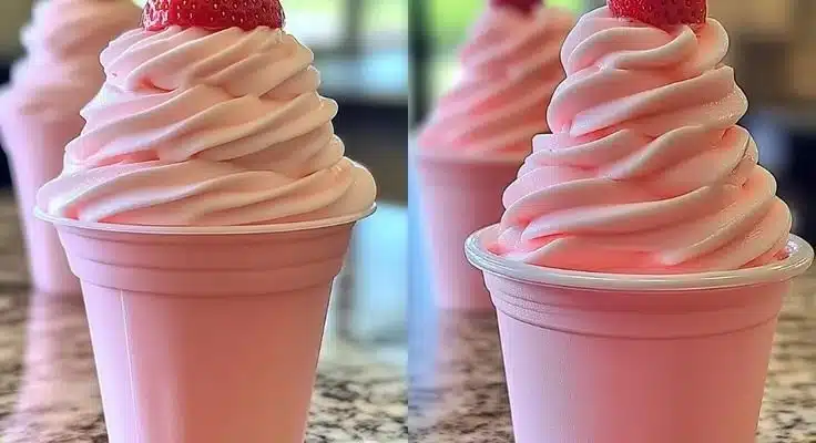 Delicious Strawberry Dole Whip served in a bowl with fresh strawberries.