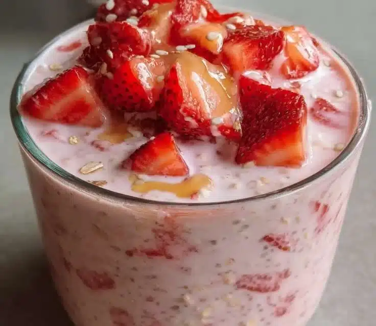 Bowl of strawberry overnight oats topped with fresh strawberries and nuts