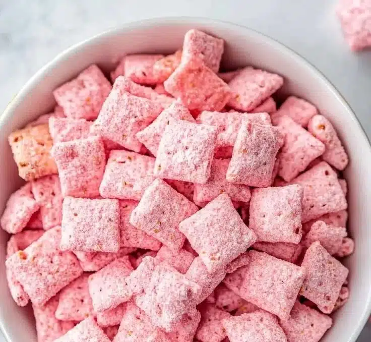 Bowl of Strawberry Shortcake Puppy Chow with strawberries and cream