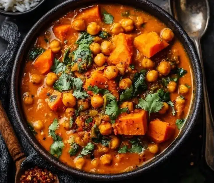 Delicious sweet potato and chickpea curry served in a bowl