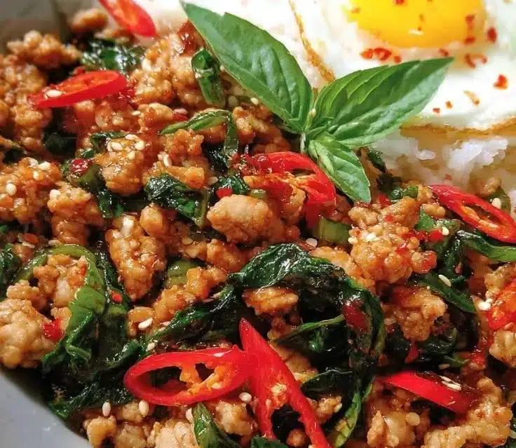 Thai Basil Chicken Stir-Fry with colorful vegetables in a skillet