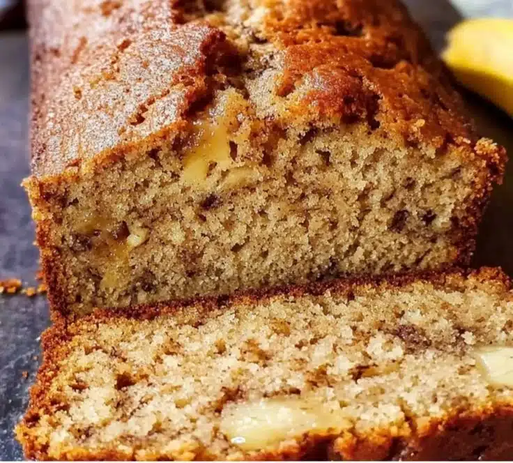 A loaf of freshly baked banana bread topped with sliced bananas.