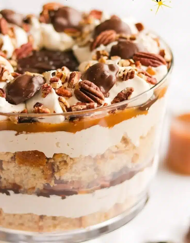 Delicious Turtle Trifle dessert layered with chocolate and caramel