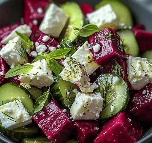 Vibrant beet salad topped with feta and cucumbers for a fresh and healthy meal.