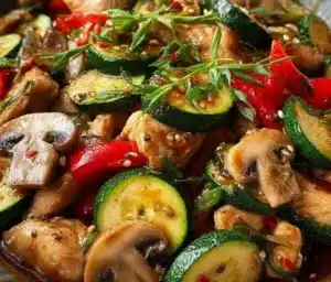 A colorful plate of zucchini mushroom chicken stir fry, garnished and ready to serve.