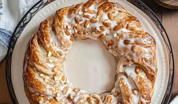 Homemade Almond Kringle with almond filling and glaze on a wooden table