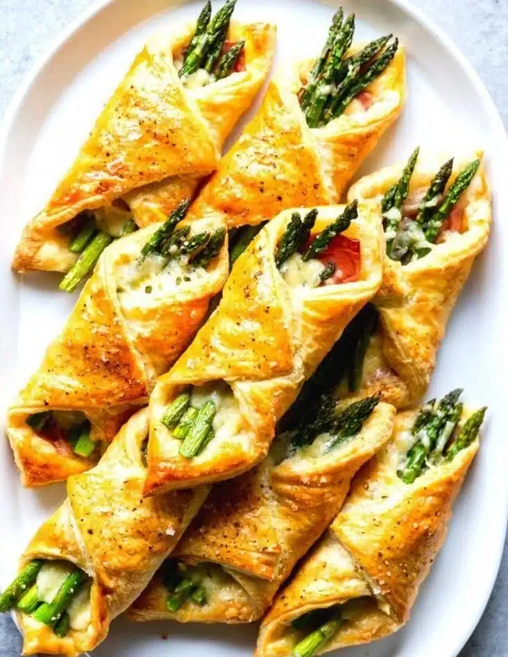 Delicious asparagus puff pastry bundles baked to golden perfection.