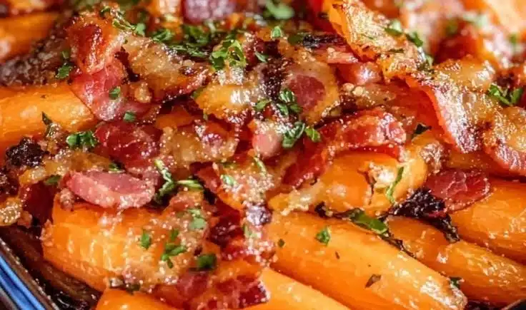 Bacon-wrapped roasted carrots on a serving platter, garnished with herbs.
