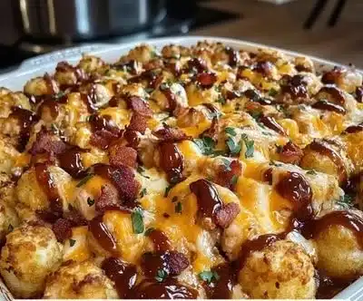 BBQ Chicken Tater Tot Casserole served in a baking dish