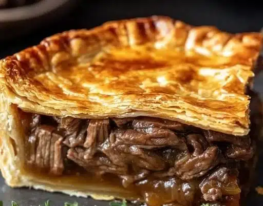 Delicious homemade Irish Steak Pie served with vegetables.