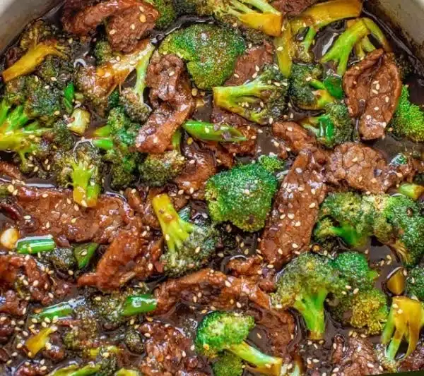 Delicious plate of beef with broccoli served with rice