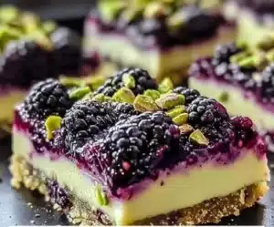 Delicious blackberry pistachio dream bars served on a plate.