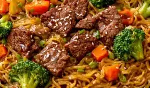 Plate of Blackstone garlic butter noodles garnished with herbs