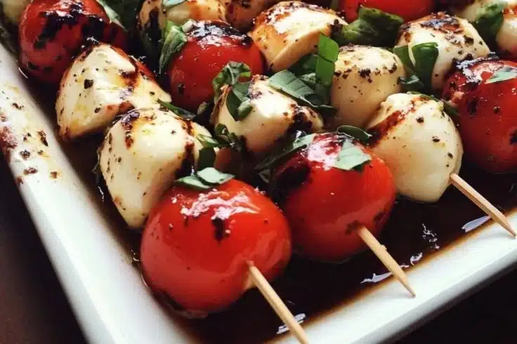 Delicious Caprese Salad Skewers with mozzarella, tomatoes, and basil on a plate