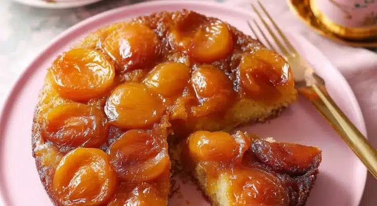 Caramelized apricot upside down cake with a golden crust and juicy apricots