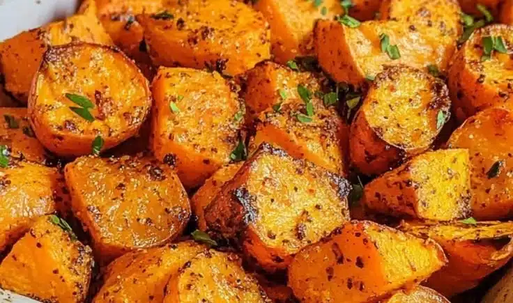 Plate of caramelized roasted sweet potatoes garnished with herbs