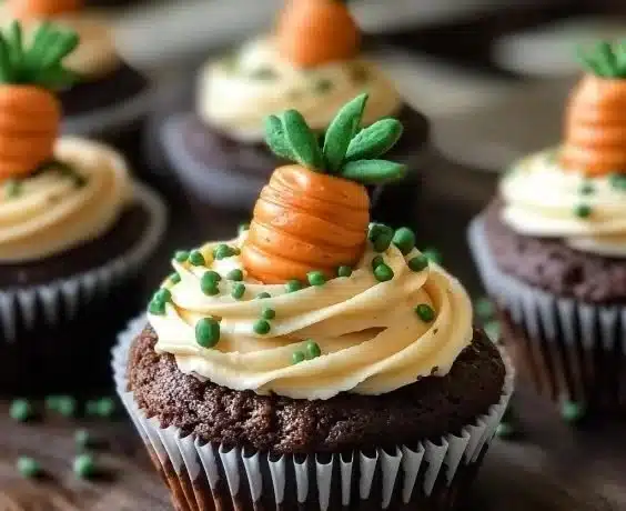 Deliciously decorated Carrot Patch Cupcakes with chocolate crumbs and candy carrots.