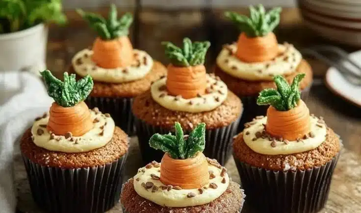 Delicious Carrot Patch Cupcakes decorated with vibrant green frosting and gummy carrots