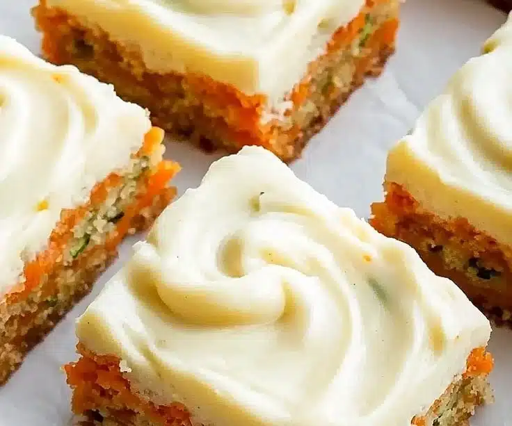 Delicious carrot zucchini bars with lemon frosting served on a plate