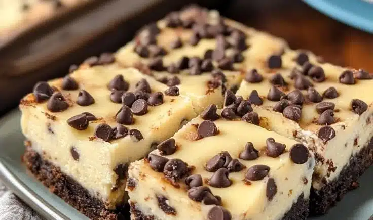 Delicious chocolate chip cheesecake bars on a plate, perfect for dessert lovers.
