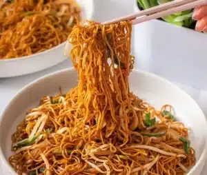 Delicious plate of Classic Chinese Chow Mein with vegetables and noodles
