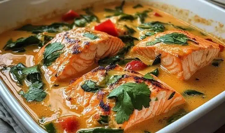 Coconut Curry Salmon dish garnished with herbs and served with rice