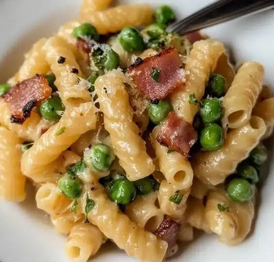 Creamy Pasta with Sweet Peas and Crispy Pancetta 3 Creamy pasta dish with sweet peas and crispy pancetta served in a bowl.