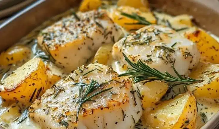 Creamy Rosemary Cod with Potatoes 4 Creamy rosemary cod served with seasoned potatoes in a beautiful dish.