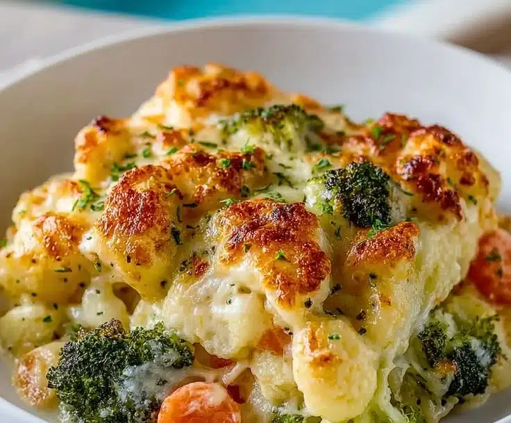 Creamy winter vegetable casserole filled with seasonal veggies and a rich sauce.